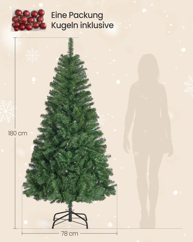 Árvore de Natal artificial com suporte metálico 180 cm de altura com as bolas vermelhas incluídas Verde