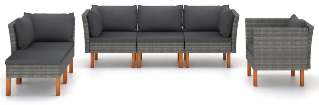 6 pcs conj. lounge jardim vime PE e madeira eucalipto cinzento