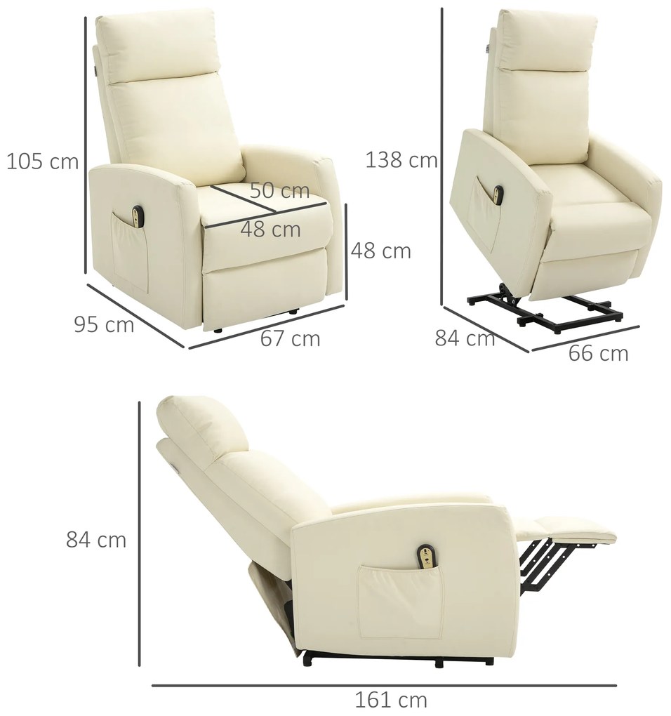 Poltrona Relax Levanta Pessoas Poltrona Elétrica Reclinável a 145° com Controlo Remoto Apoio para Pés 67x95x105 cm Creme