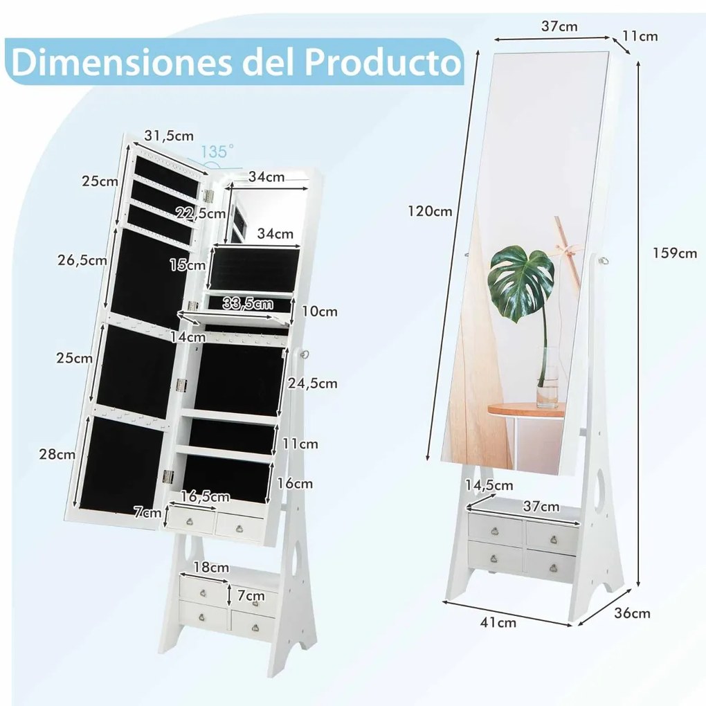 Armarios com espelho Caixa de jóias com luzes LED Ângulo de inclinação ajustável Grande capacidade de armazenamento 41 x 36 x 159 cm Branco