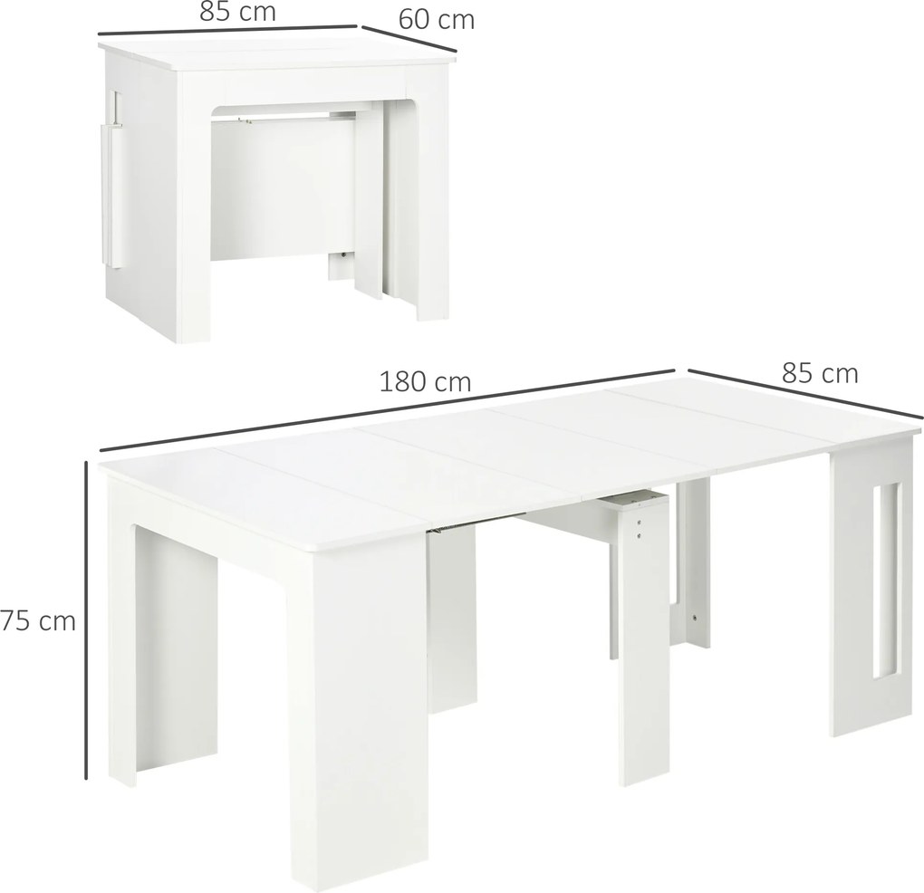 Mesa de Jantar Dobrável, 60-180 x 85 x 75 cm, Extensível até 6 Pessoas (CADEIRAS NÃO INCLUIDAS), Branca