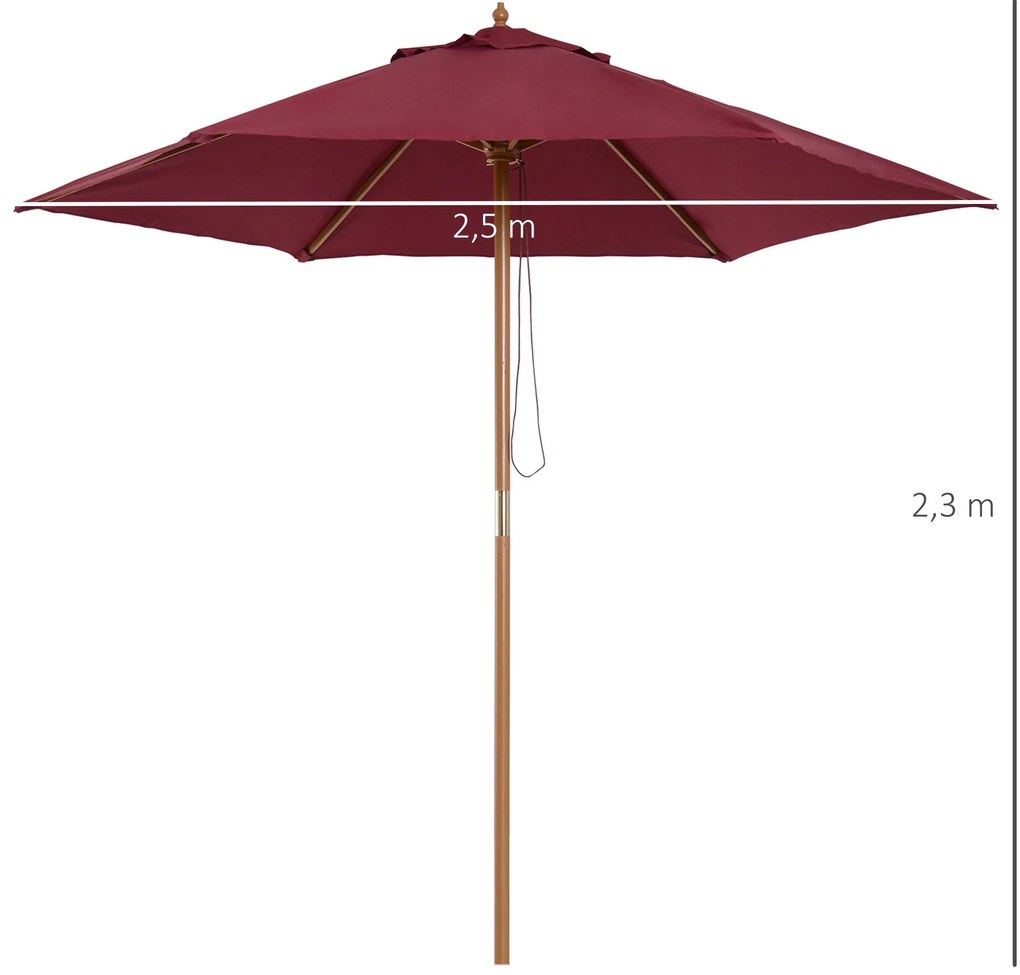 Chapéu de Sol Ø250x230cm Chapéu de Sol com Mastro de Madeira com 6 hastes Sistema de Polia com Fixação para Jardim Pátio Terraço Vinho