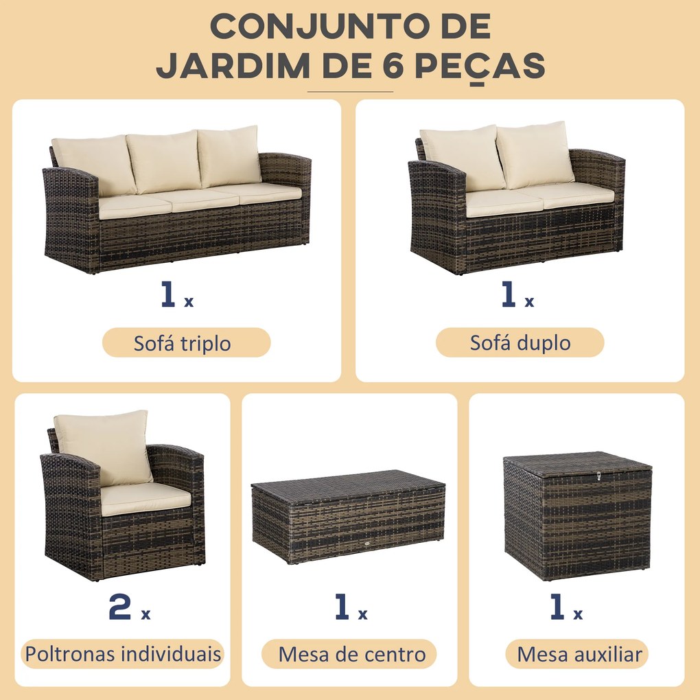 Conjunto de Jardim Exterior de Vime 6 Peças Almofadas Sofá de Dois Lugares Sofá de Três Lugares 2 Cadeiras 2 Mesas Auxiliares Cáqui