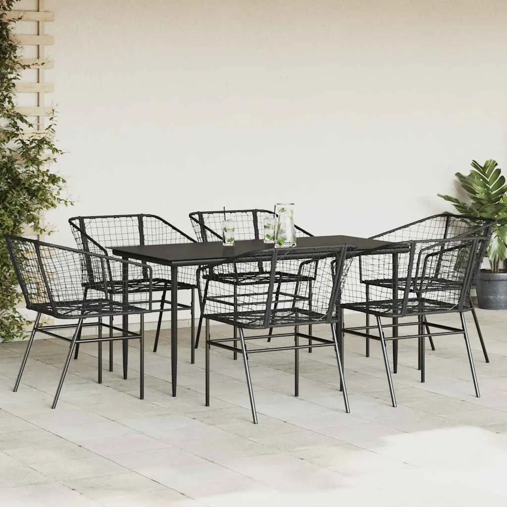 Conjunto de jantar jardim 7 peças vidro vime PE preto