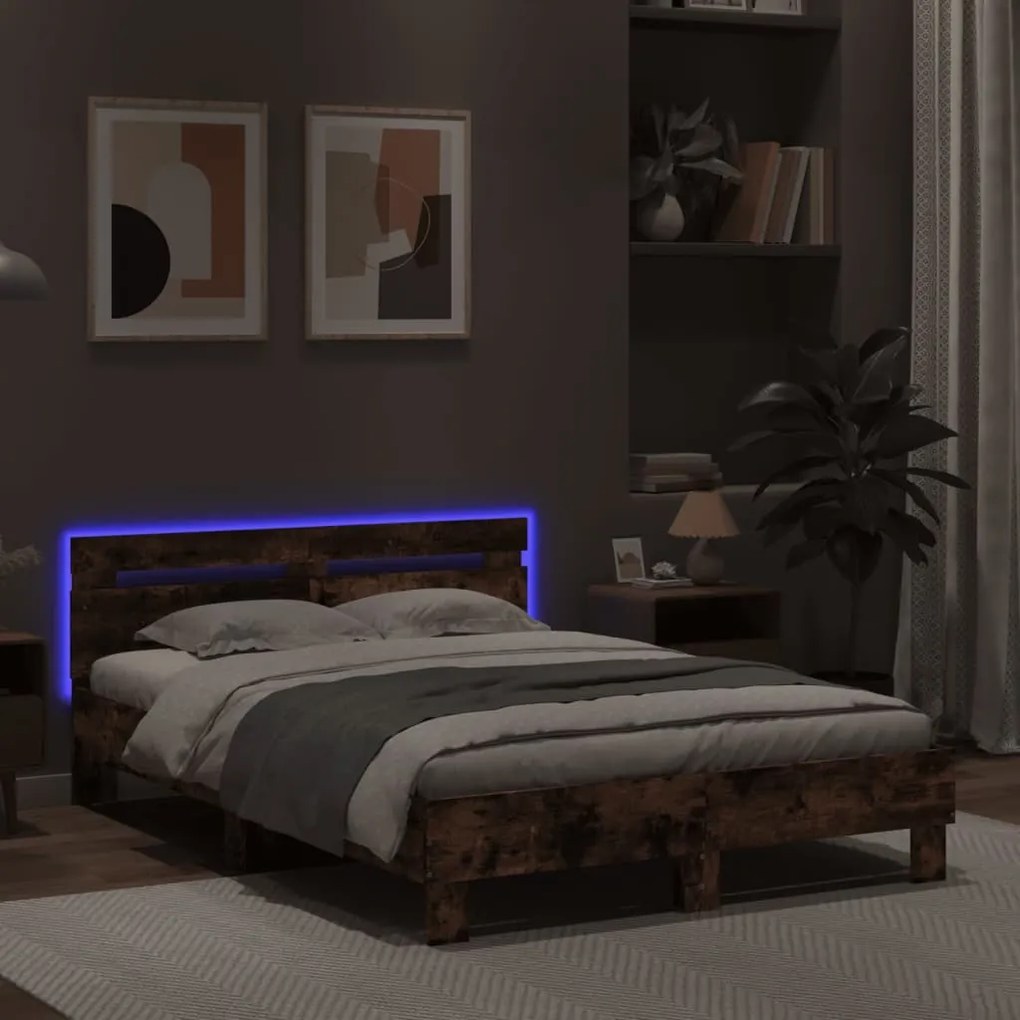 Estrutura cama c/ cabeceira/luzes LED 120x200cm carvalho fumado