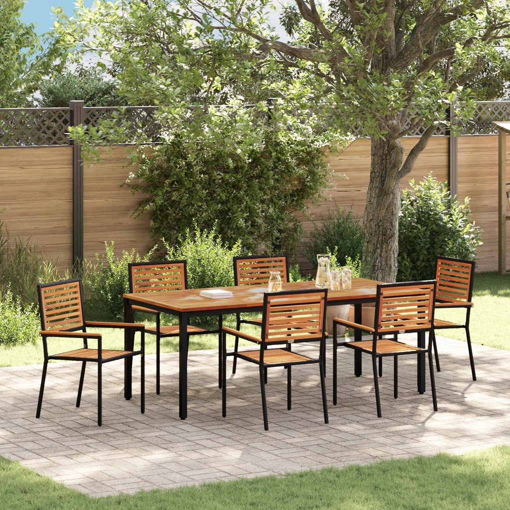 Conjunto de Jantar para Jardim vidaXL 7 Peças Preto Rattan Poliéster Acácia