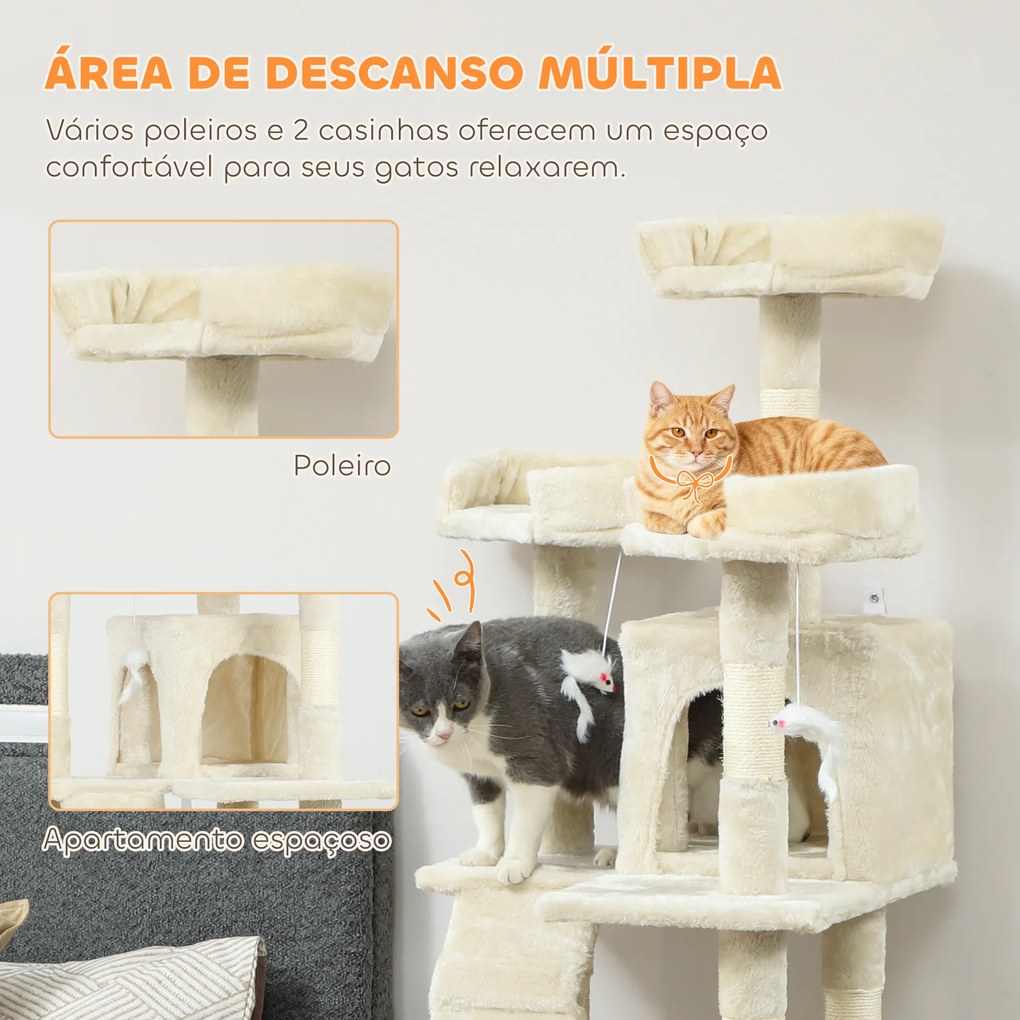 Arranhador para Gatos Arranhador de Gatos 153 cm com 2 Cavernas 3 Camas 2 Rampas Postes de Sisal e 2 Ratos Pendentes Bege