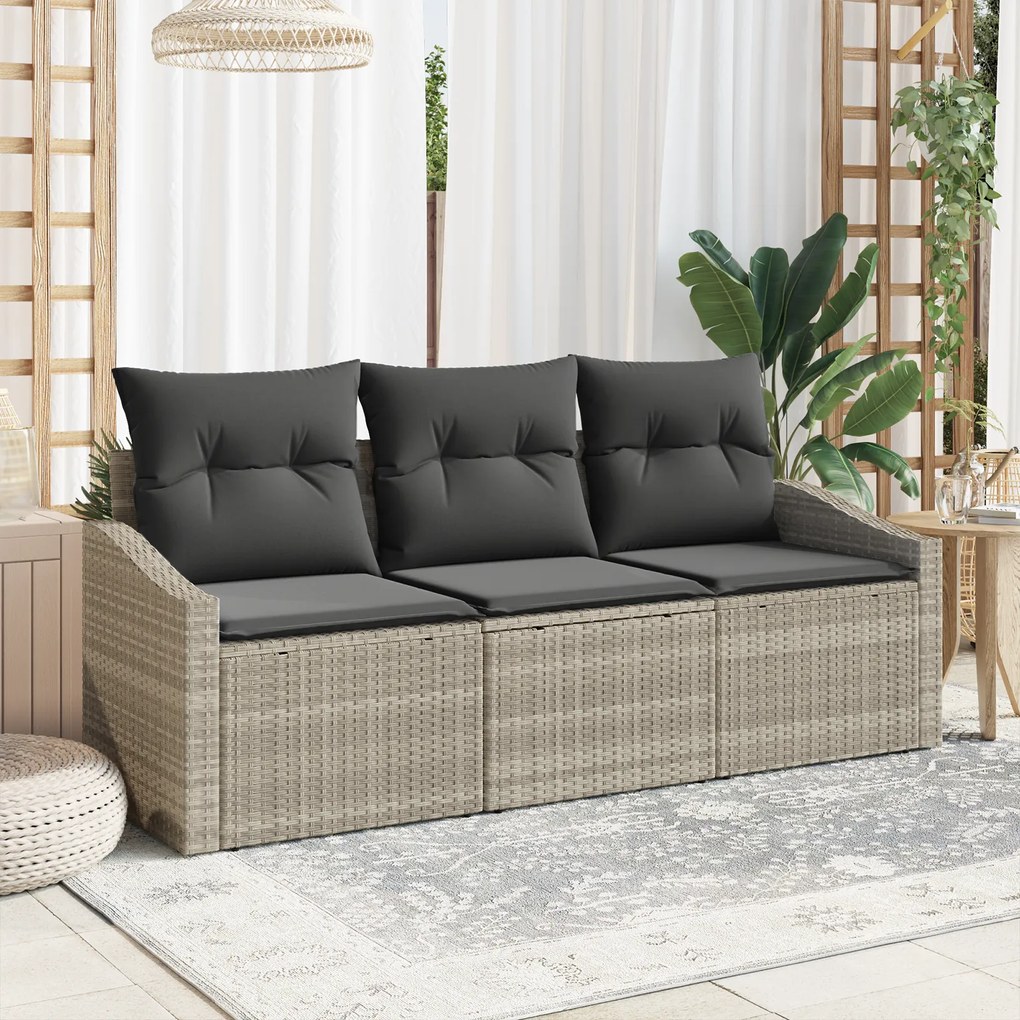 vidaXL Conjunto de Jantar para Jardim de 3 Peças com Almofadas Cinza Claro em Rattan Sintético