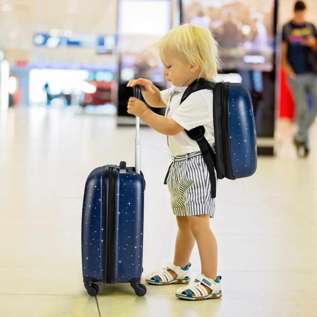 O nosso conjunto de malas infantis de 2 peças inclui uma mala de mão rígida e uma mochila, que oferecem grande capacidade para manter seus artigod bem