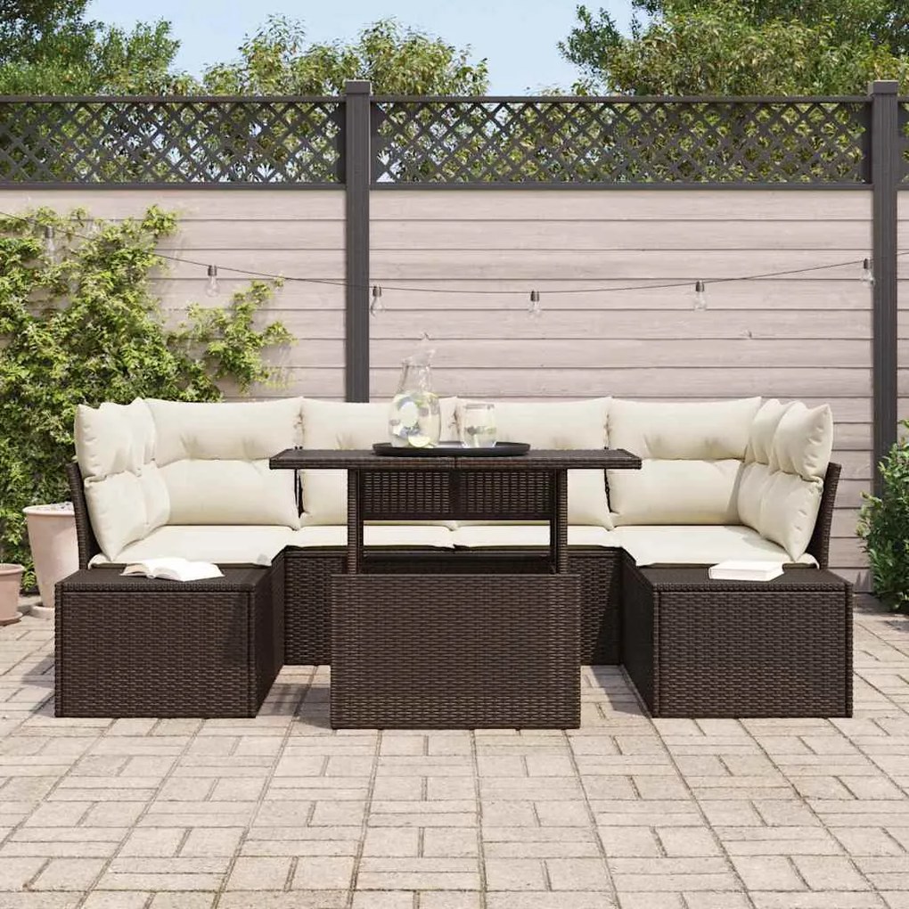 Conjunto de Sofá de Jardim 7 Peças com Almofadas Castanho em Rattan