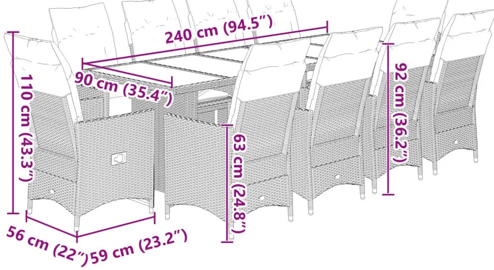 11 pcs conjunto de bistrô p/ jardim c/ almofadões vime PE bege