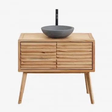 Conjunto De Móvel De Casa De Banho Em Madeira Deleyna Madeira Natural & Cimento Cinzento Redondo Ø40 Cm Tarsis & Sem Espelho & Preto - Sklum