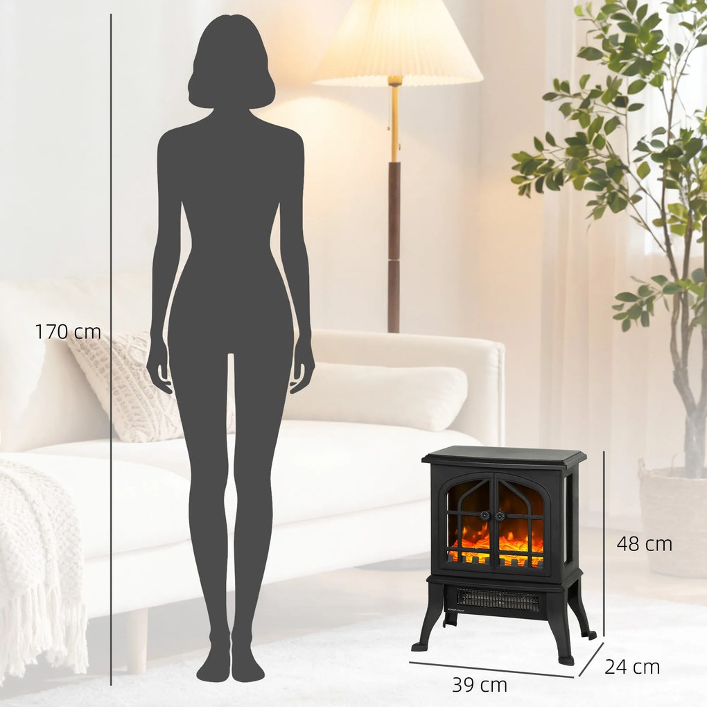 Lareira Elétrica 900/1800W 39x24x48 cm com Efeito Chama 3D 2 Níveis de Potência Termóstato Ajustável  para 15-30 ㎡  Preto