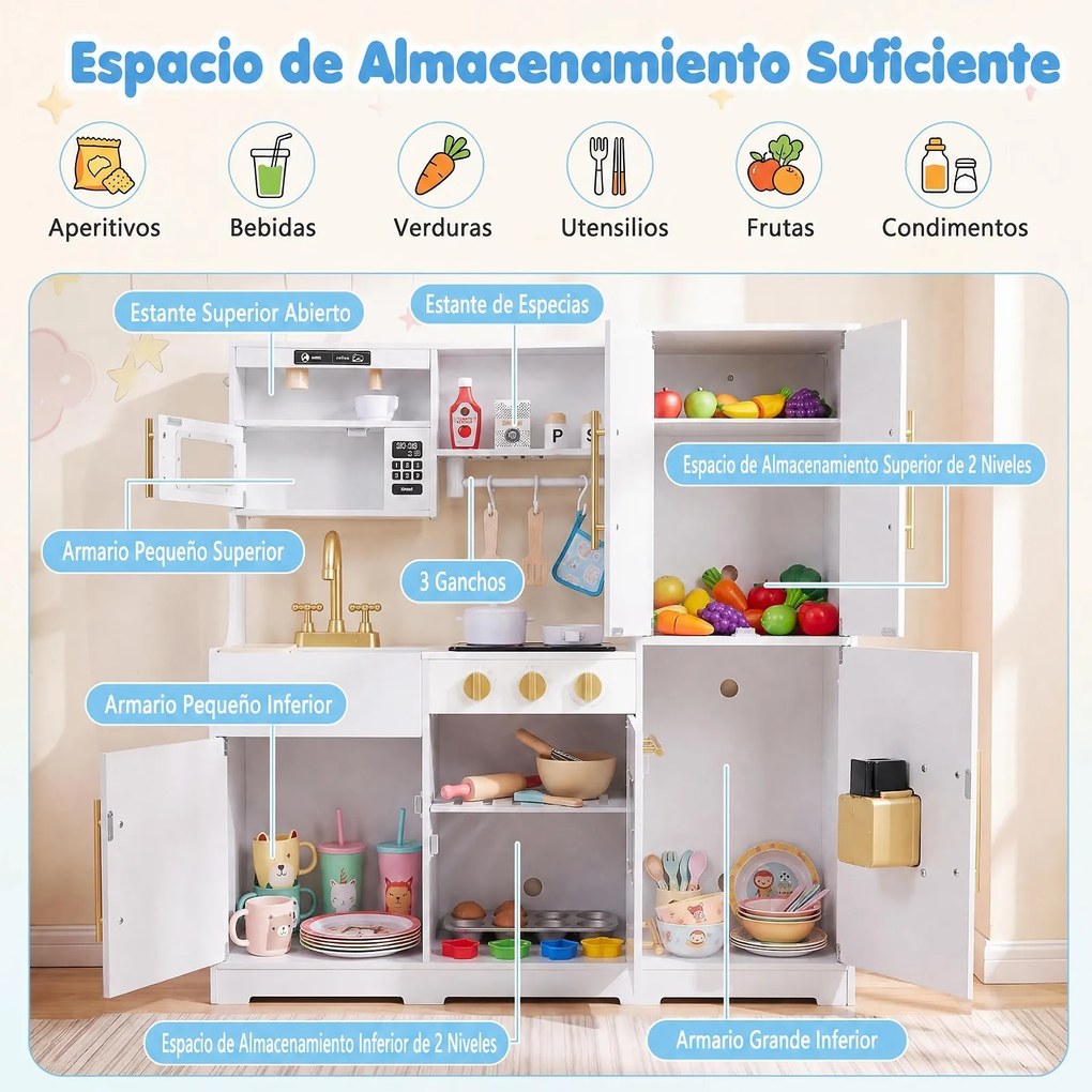Cozinha Infantil de Brincar, 93 x 29,5 x 96 cm, Com Luzes e Sons, Branco