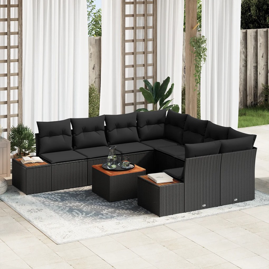 vidaXL Conjunto de Sofá para Jardim de 9 Peças com Almofadas de Rattan Polido Preto e Acácia