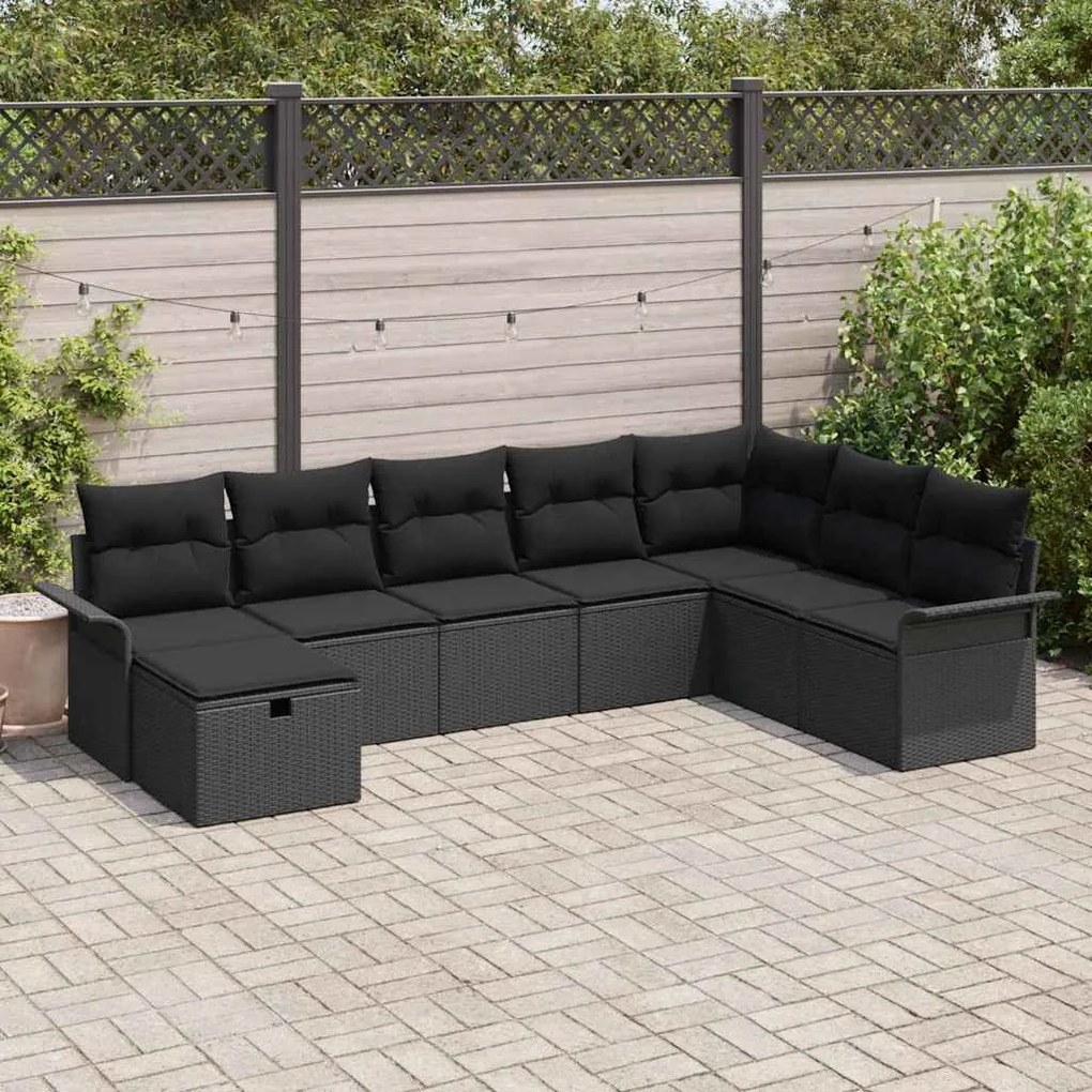 Conjunto de Sofás de Jardim de 8 Peças com Almofadas Preto Vime PE