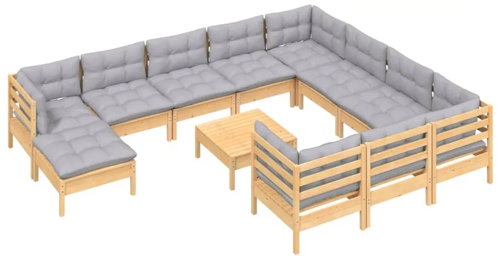 12 pcs conjunto lounge de jardim c/ almofadões cinza pinho