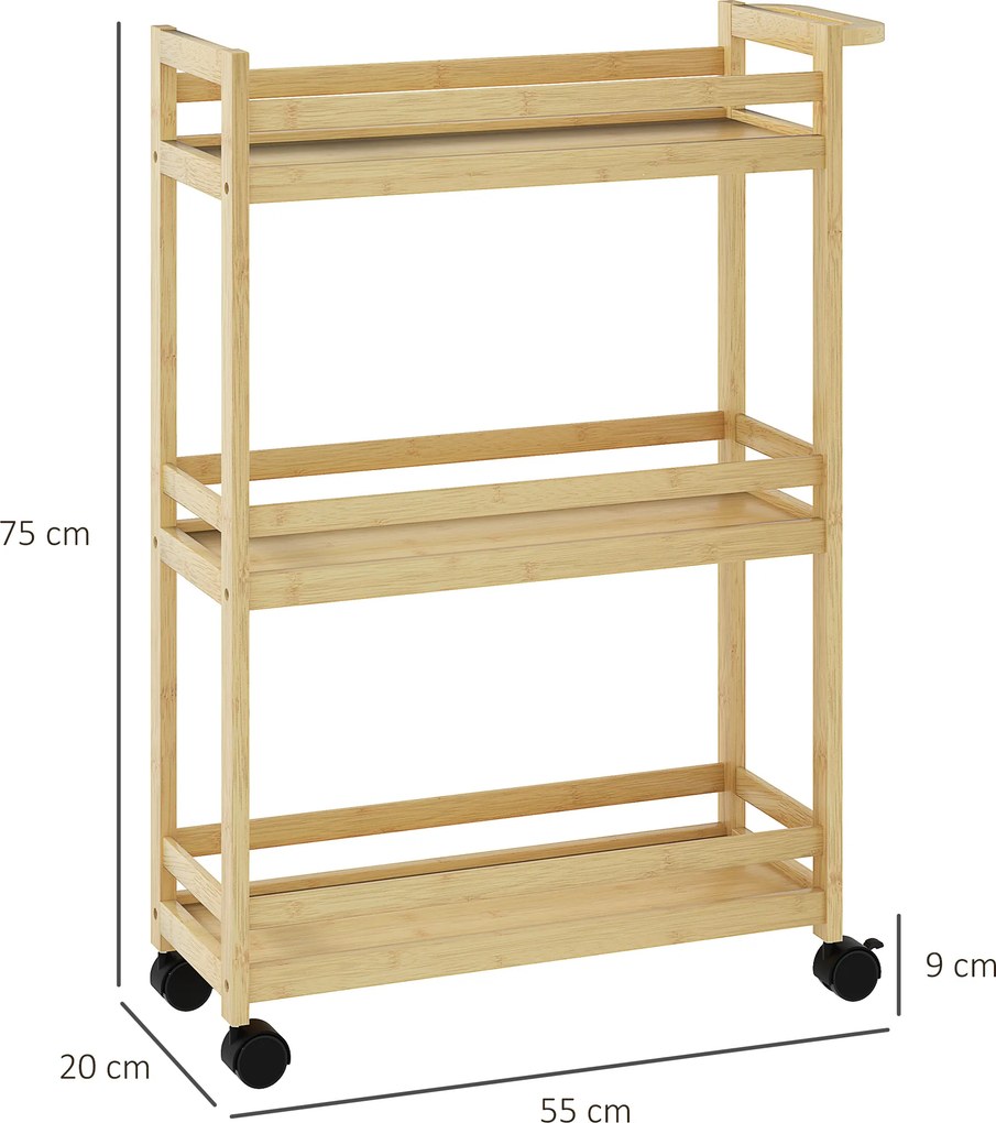 Carrinho para Casa de Banho de Bambu com 3 Níveis Carrinho de Arrumação para Casa de Banho Cozinha 55x20x75 cm Madeira