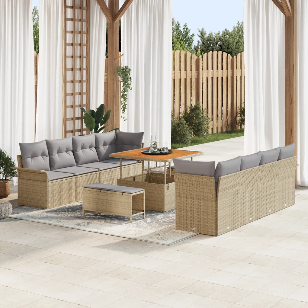 Conjunto de Sofá de Jardim de 11 Peças com Almofadas Bege em Rattan Po