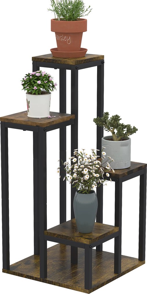 Suporte para plantas com prateleiras para flores, 4 prateleiras de alturas diferentes, estrutura em aço 40 x 40 x 81 cm, preto