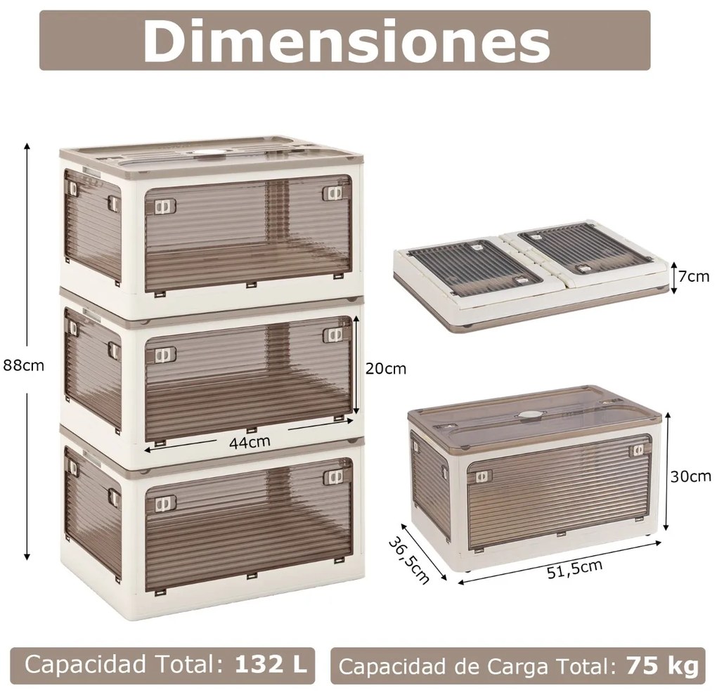 Conjunto de 3 Caixas de arrumação empilháveis 132 L com tampa de plástico dobrável para quarto, sala, cozinha Branco