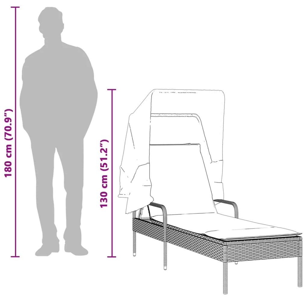 Espreguiçadeiras com toldos e mesa 2 pcs vime PE cinzento-claro