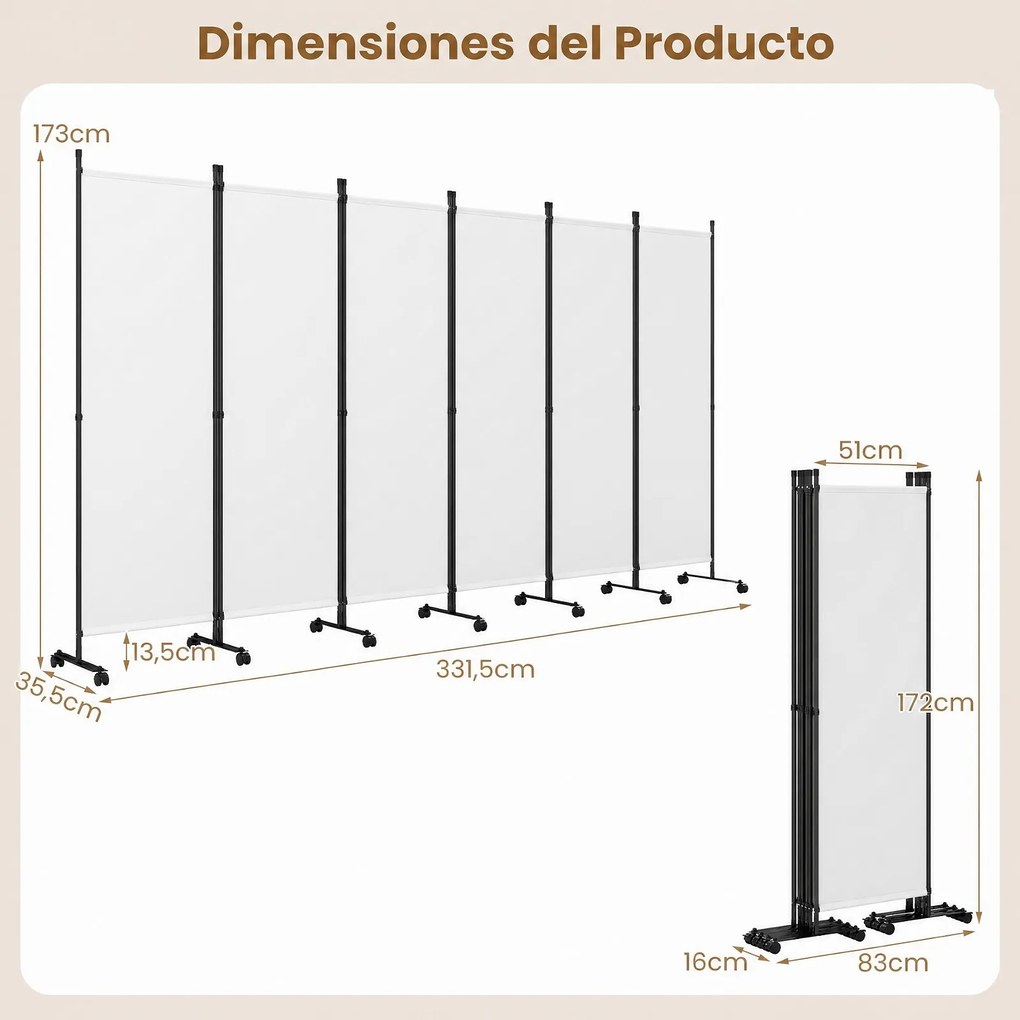 Biombo Separador de Espaço Dobrável de 6 Painéis, 331,5 x 35,5 x 173 cm, Rodas com Travão, Branco