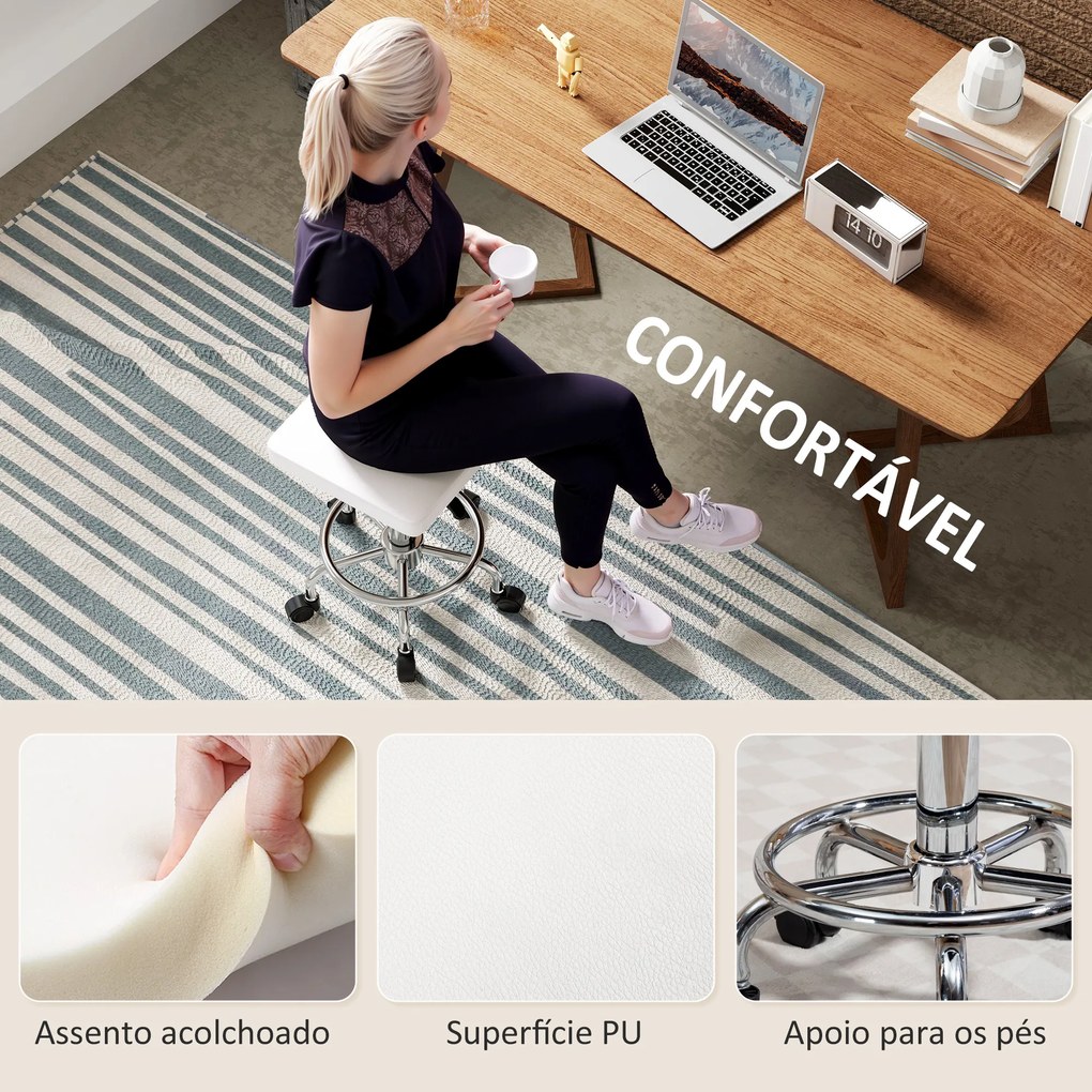 Banco Giratório com Rodas Altura Regulável 50-66 cm Assento Estofado em Imitação de Couro  34x34x50-66 cm Branco