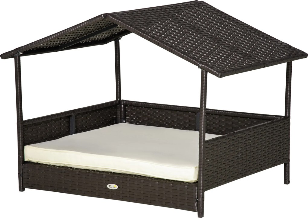PawHut Rattan Cama para Cães para Exterior com Teto, Cama Elevada para Cães 69 x 98 x 70 cm Cama Refrescante para Animais de Estimação com Estrutura Metálica, Almofadas Removíveis para Cães Pequenos e Médios, Café-Marrom | Aosom Portugal