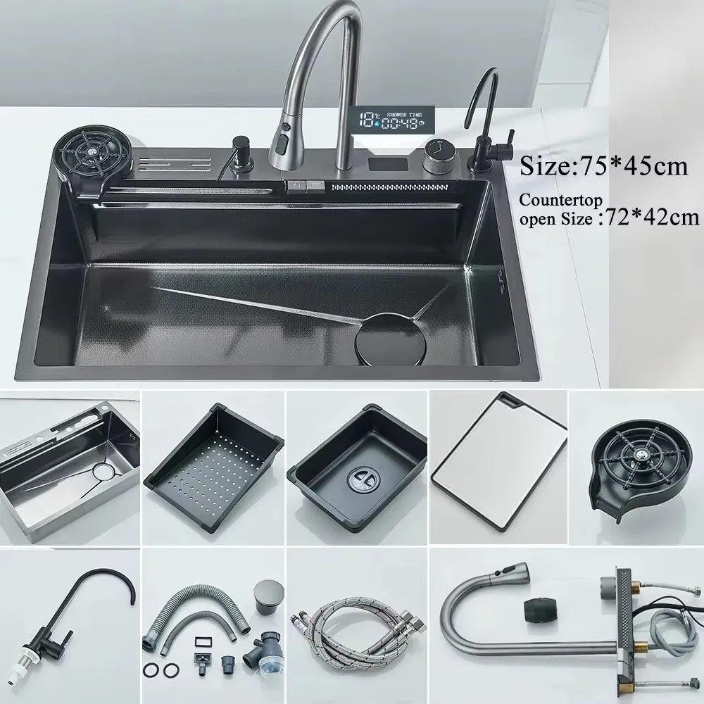 Lava-Loiça de Cozinha em Aço Inoxidável 304 com Cascata e Display Digi