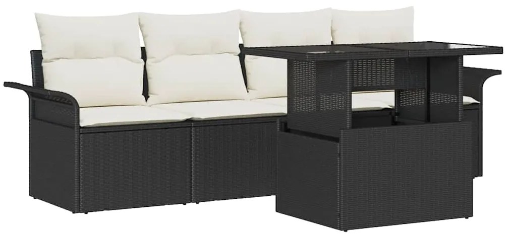Conjunto de Sofá de Jardim 5 Peças com Almofadas Pretas e Rattan de Po