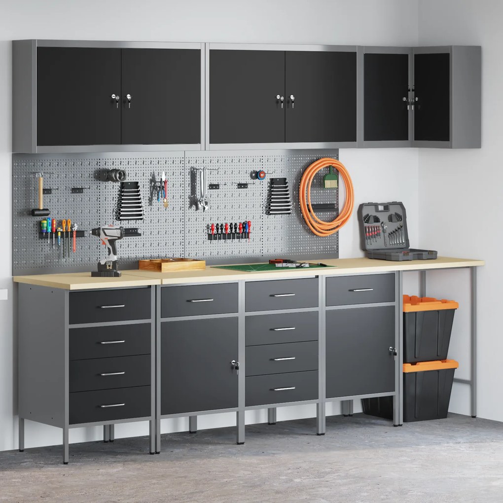Conjunto de Armário e Painel de Ferramentas de 12 Peças vidaXL Preto MDF e Metal