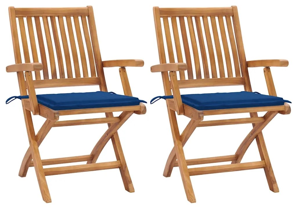 vidaXL Cadeiras de jardim c/ almofadões azul real 2 pcs teca maciça