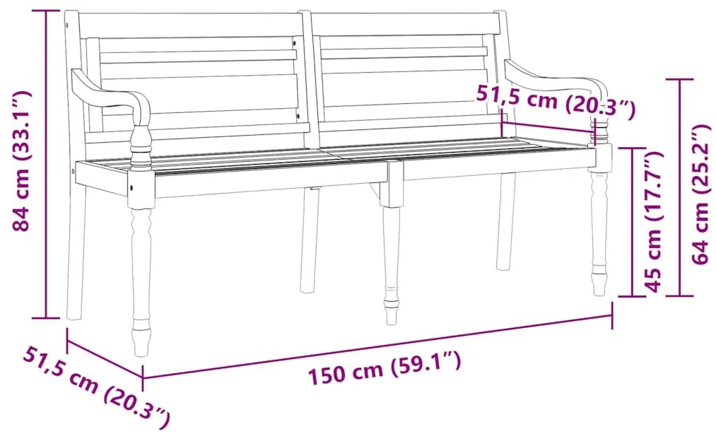 Banco Batavia c/ almofadão cinza-acastanhado 150 cm teca maciça