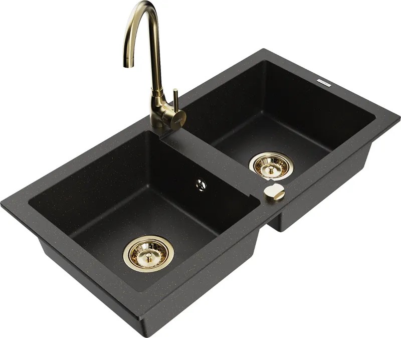 Mexen Mario lava-louça de granito de 2 cubas com torneira de cozinha Telma, preto/dourado - 6504-75-670200-50