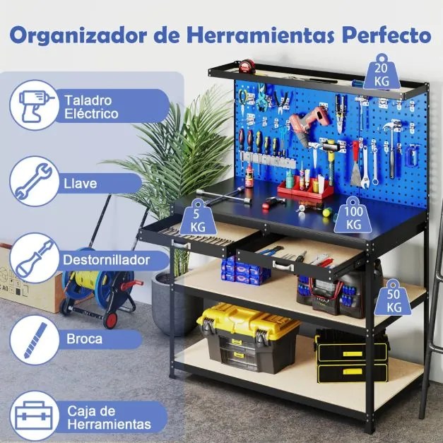 Mesa de trabalho metálica para ferramentas com painéis de perfuração de 3 furos Gaveta e Estantes 24 Ganchos 121 x 61 x 156 cm-Azul marinho