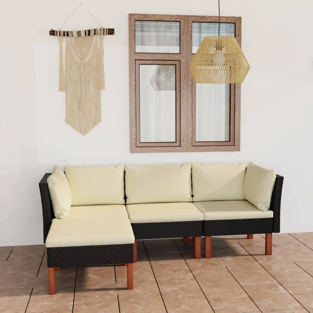 vidaXL 4 pcs conjunto lounge de jardim c/ almofadões vime PE preto
