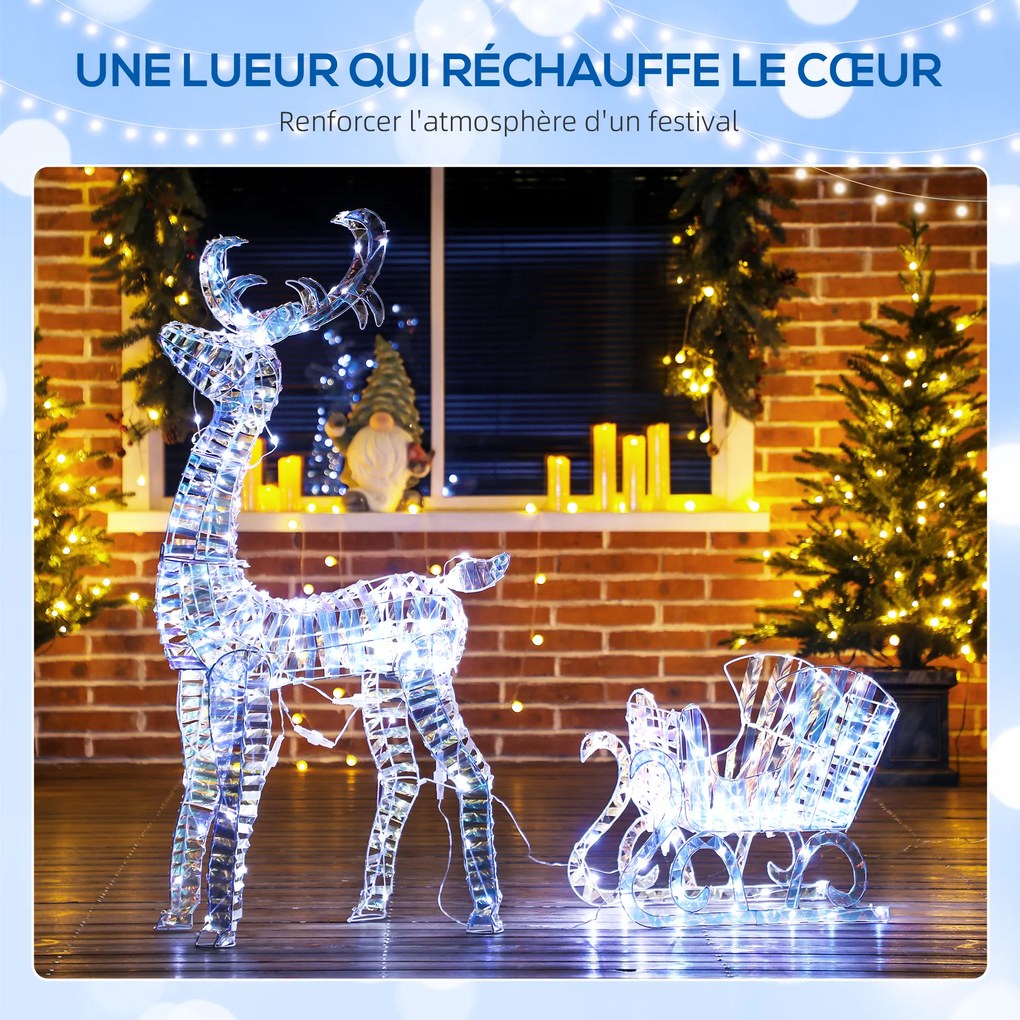 Rena e trenó de Natal iluminados 60 x 29 x 115 cm com 170 LEDs de luz branca quente, decoração de Natal para interior e exterior,