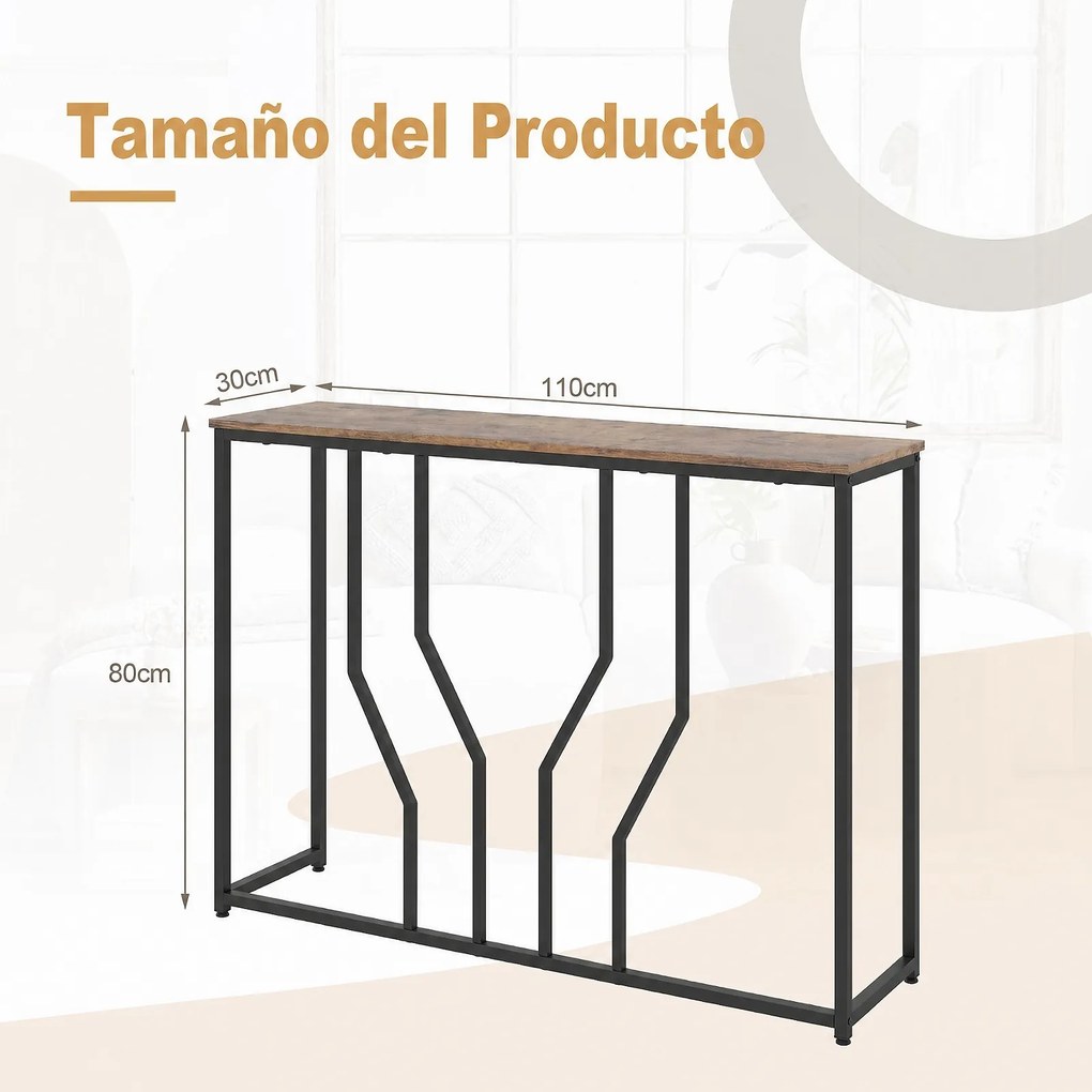 Mesa de Consola Industrial, 110 x 30 x 80 cm, Estrutura Metálica Resistente, Castanho+Preto