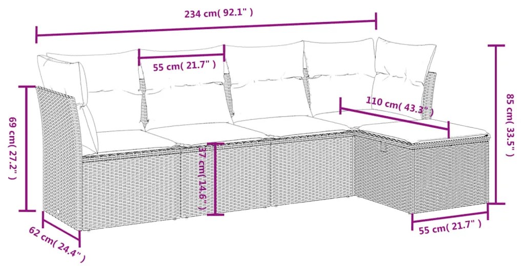 5 pcs conj. sofás jardim c/ almofadões vime PE cinzento-claro