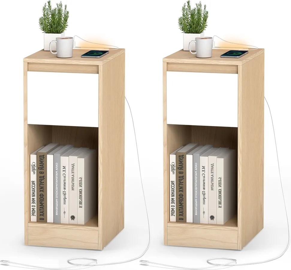 Conjunto de 2 Mesas de cabeceira estreita 30 x 25 x 59,5 cm bege-branco