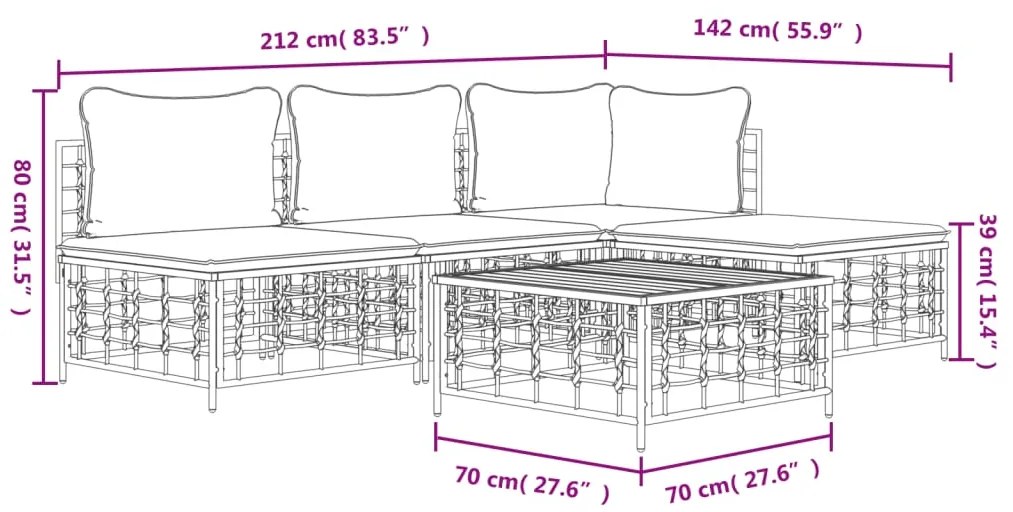 5 pcs conjunto lounge de jardim c/ almofadões vime PE antracite