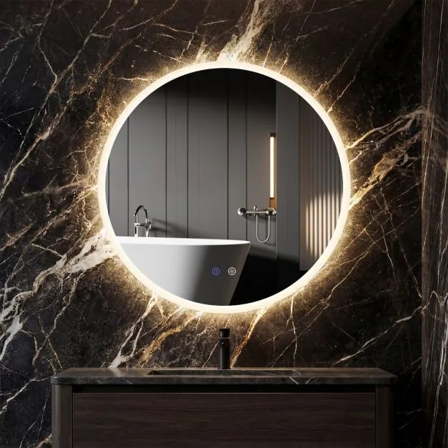 Espelho de casa de banho LED redondo de 70 cm com 3 cores de luz, regulação da intensidade, antiembaciamento e memória Prata