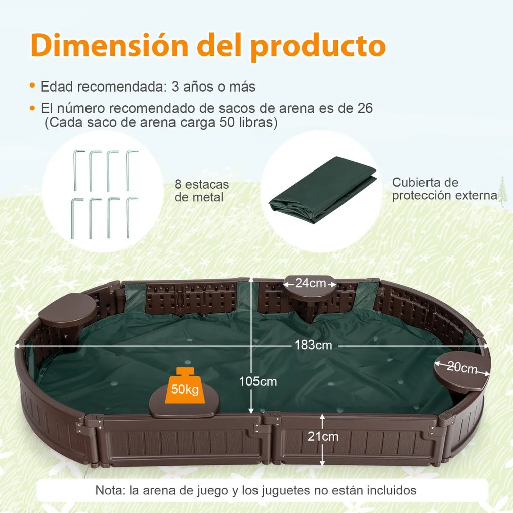 Caixa de areia infantil 183 cm para 4 crianças Kit caixa de areia ao ar livre com assentos à prova d'água para varanda e praia castanho
