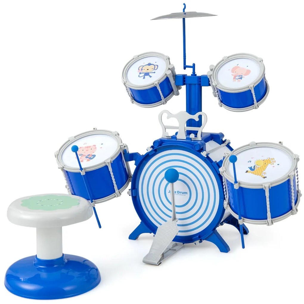 Conjunto de bateria infantil com 5 tambores jazz rock com bombo, 1 prato, 2 baquetas e 1 pedal para maiores de 3 anos. Azul