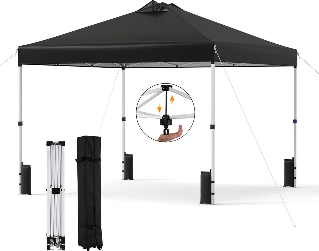 Tenda dobrável 3x3 m com 4 x Sacos de areia de montagem instantânea com 1 botão campismo, feiras, eventos e Saco com rodas Preta