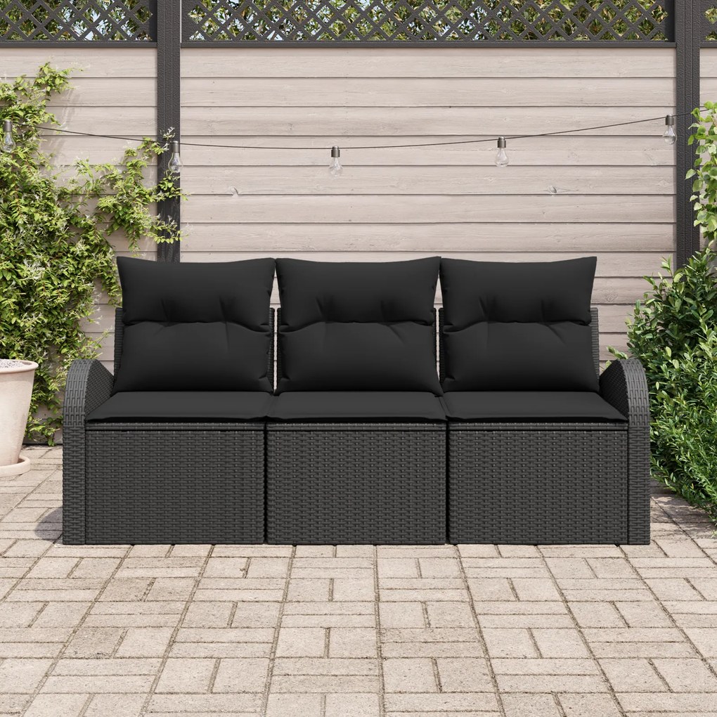Conjunto de Sofás de Jardim vidaXL de 3 Peças com Almofadas Preto Ratt