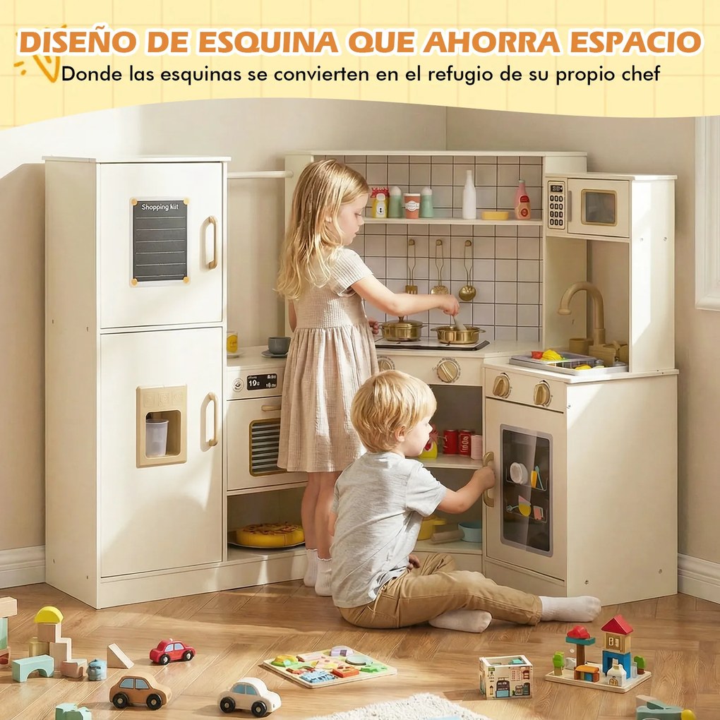 Cozinha de Brinquedo de Canto, 134 x 71 x 90 cm, Torneira com Circulação de Água, Bege