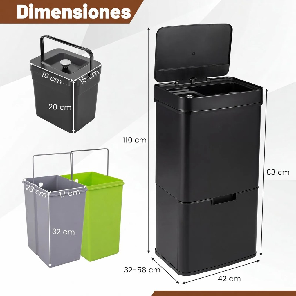 Caixote Lixo de Cozinha, 42 x 32-58 x 84-110 cm, Sensor de Movimento, Preto