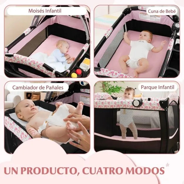 Berço portátil 4 em 1 para bebés com colchão 102 x 73 x 80 cm, mesa para mudar de fraldas, música, Toldo, prateleira, estante, parque dobrável, cor 3